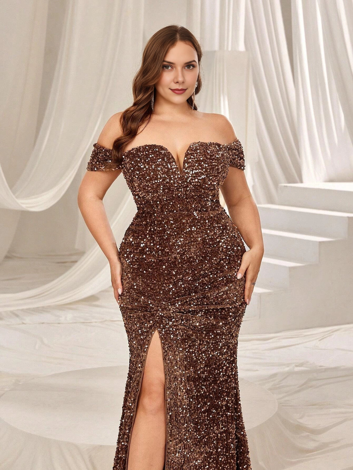 Elegant Plus Size Mermaid Off-the-Shoulder Short-Sleeve Closed-Back Long Evening Dress