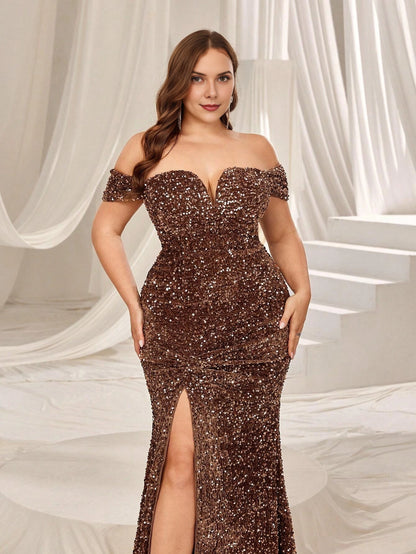 Elegant Plus Size Mermaid Off-the-Shoulder Short-Sleeve Closed-Back Long Evening Dress