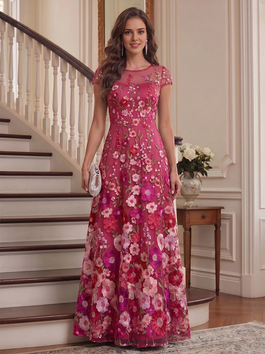 Floral A-Line Round-Neck Short-Sleeve Button-Back Floor-Length plus size Mother Of Bride Dress