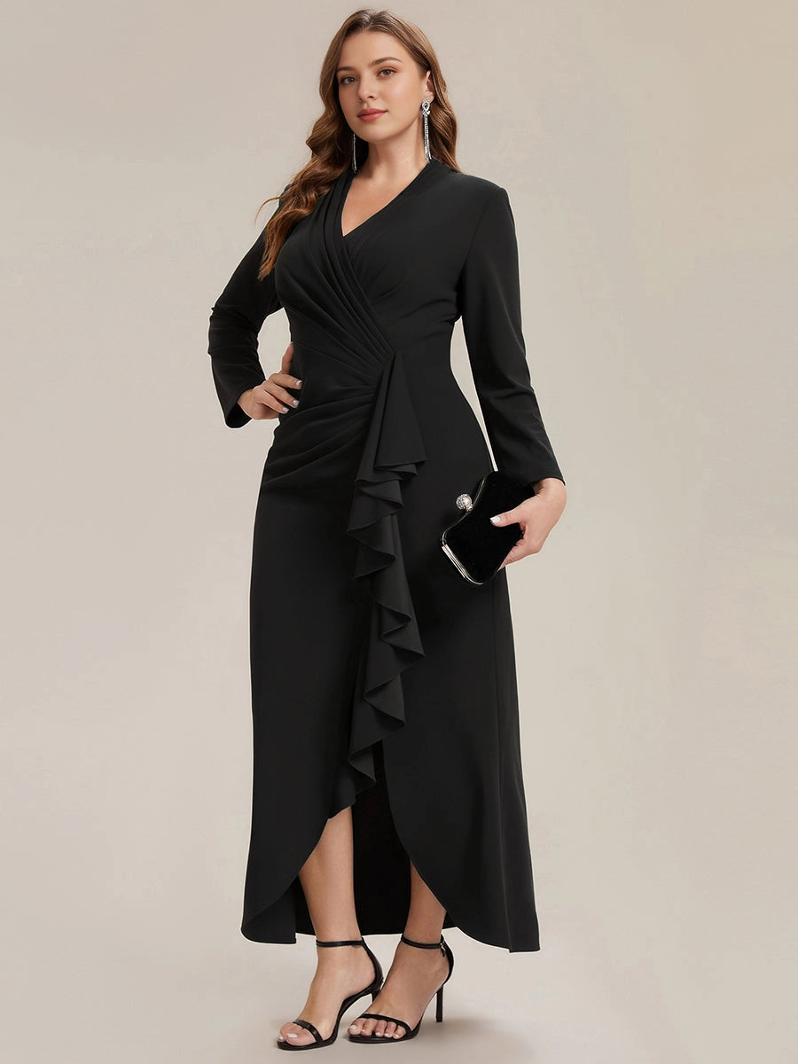 roselledress black plus size wedding guest dress sheath v neck long sleeve ruched ruffle split maxi formal gown front view
