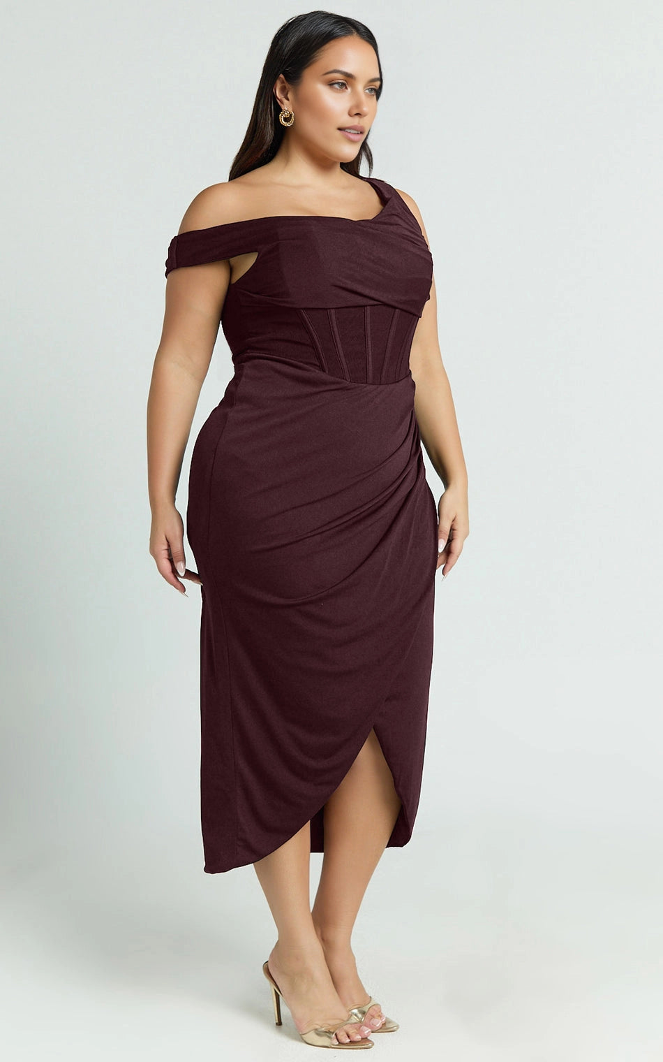Chic Sheath Asymmetric Off‑Shoulder Sleeveless V‑Back Slit Midi Length Plus Size Prom Dress