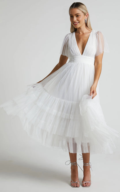 V Neck Flutter Sleeve Tiered Tulle Midi Plus Size Wedding Guest Dress