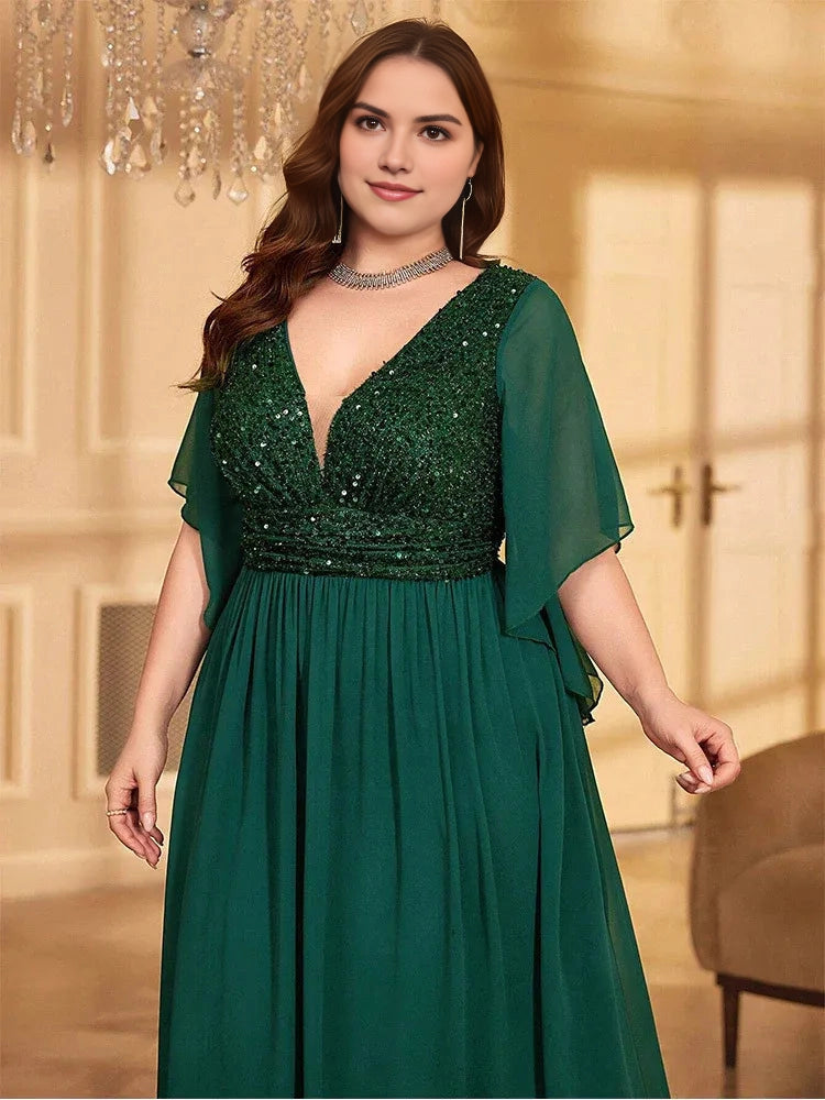Luxurious A‑Line V‑Neck Flutter‑Sleeve V‑Back Floor‑Length Plus Size Wedding Guest Dress