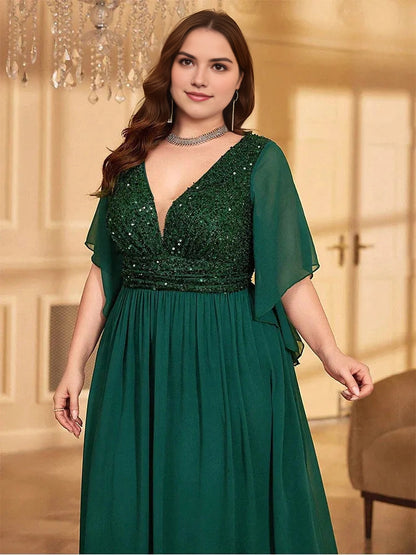 Luxurious A‑Line V‑Neck Flutter‑Sleeve V‑Back Floor‑Length Plus Size Wedding Guest Dress