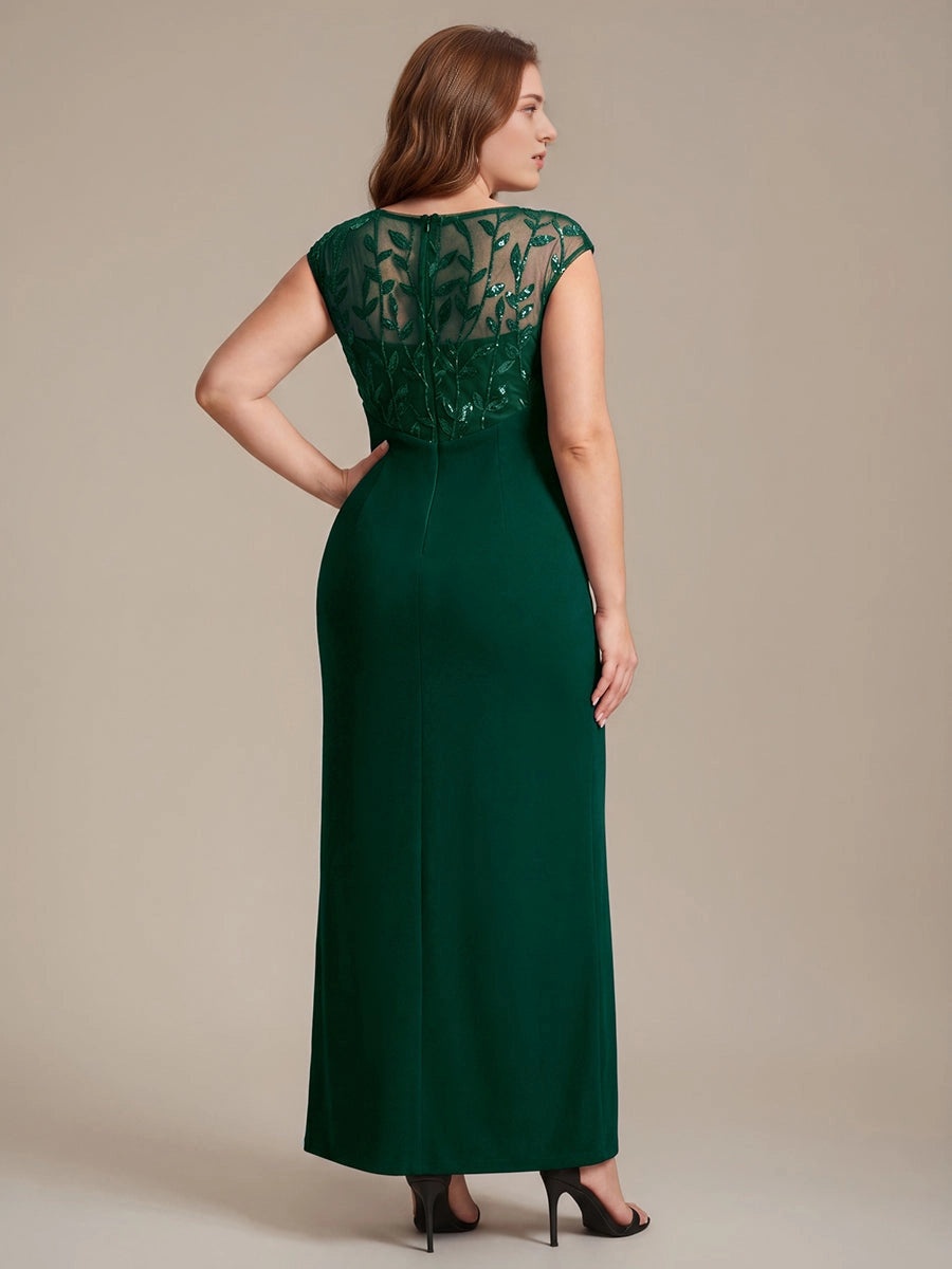 back view roselledress plus size sheath wedding guest dress sheer leaf sequin mesh back invisible zipper solid forest green long formal dress