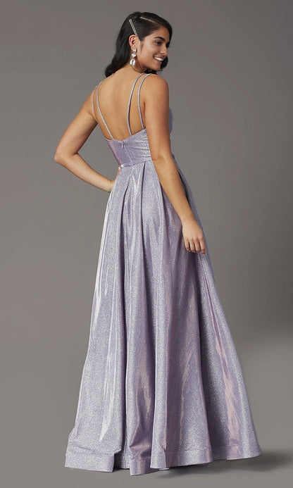 roselledress lavender shimmer a-line bridal gown seamless deep u plain crisscross thin strap open back vertical invisible zipper glitter satin wedding guest dress back view