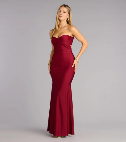Burgundy Satin Mermaid Strapless Sweetheart Bow Tie Back Maxi Prom Dress