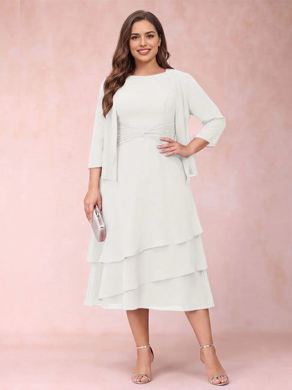 Modest A‑Line Round Neck Sleeveless 3/4 Sleeve Jacket Solid Back Tea‑Length Royal Blue Chiffon Plus Size Mother Of The Bride Dress