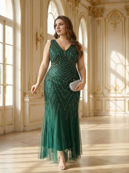 Roselledress Dusty Blue Mermaid V Neck Sleeveless Deep V Back Floor Length Plus Size Wedding Guest Dress
