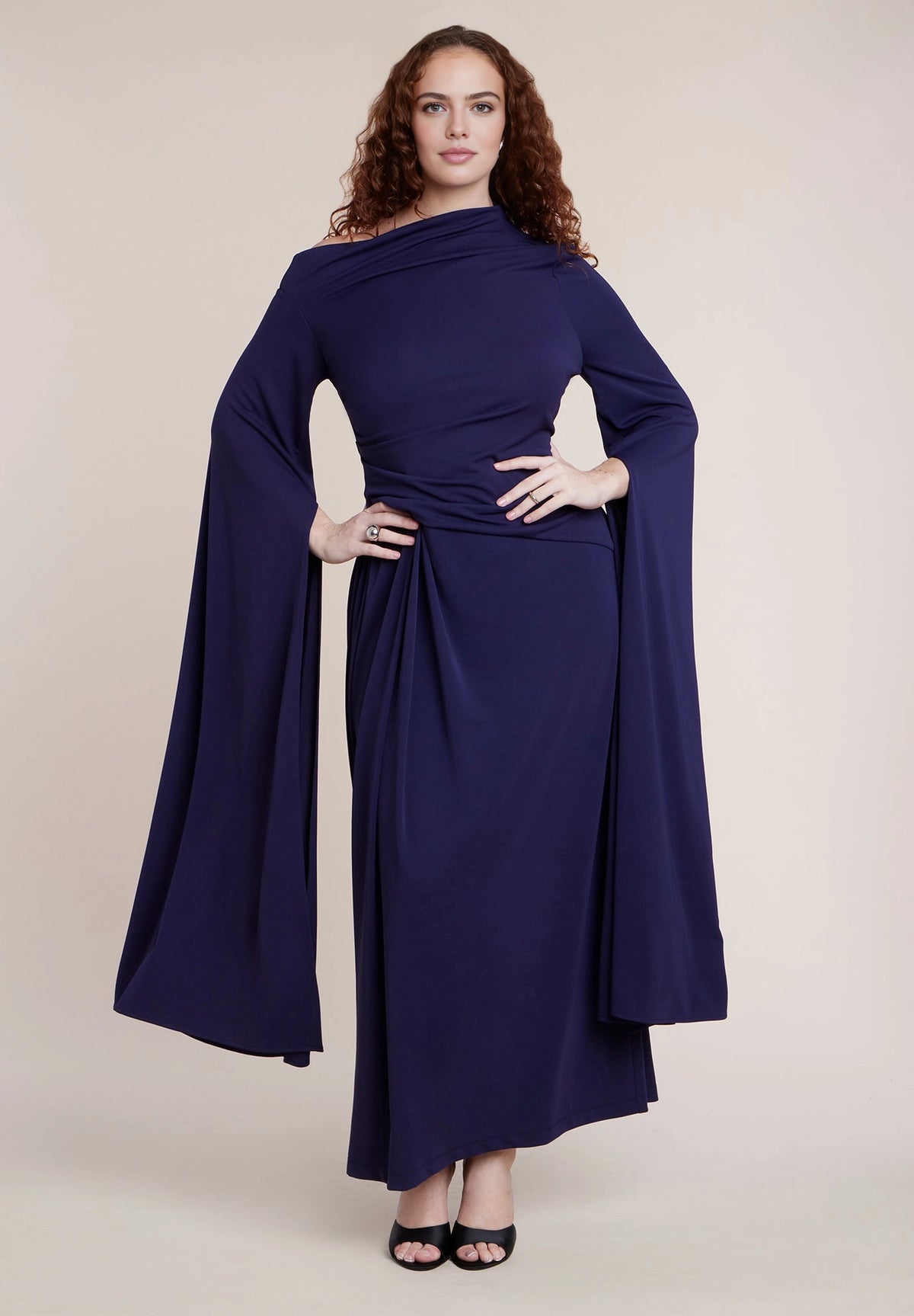 Roselledress Glamorous Column Asymmetric Cold Shoulder Cape Sleeve Zip‑Back Maxi Plus Size Wedding Guest Dress