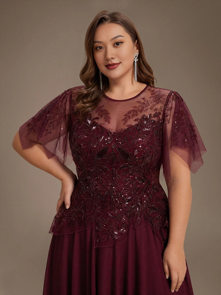 A-Line Illusion Neck Flutter Sleeve Back Zipper Midi Length Plus Size Sequin Chiffon Mother Of Bride Dress