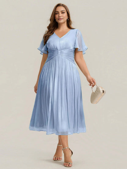 Sage Shimmer Chiffon Flutter Sleeve Midi Plus Size Wedding Guest Dress