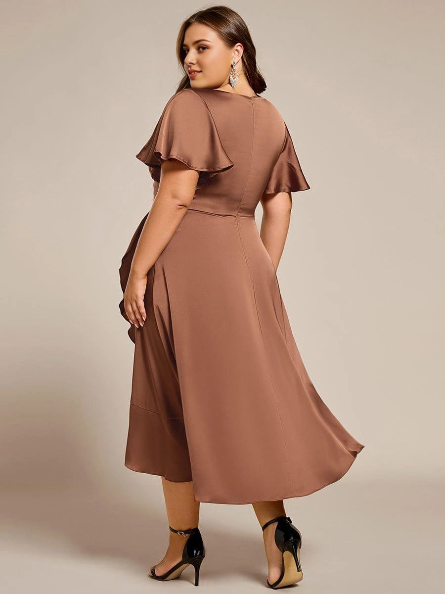Roselledress Sage Green Wrap V-Neck Flutter Sleeve Zip Back Midi Plus Size Weeding Guest Dress