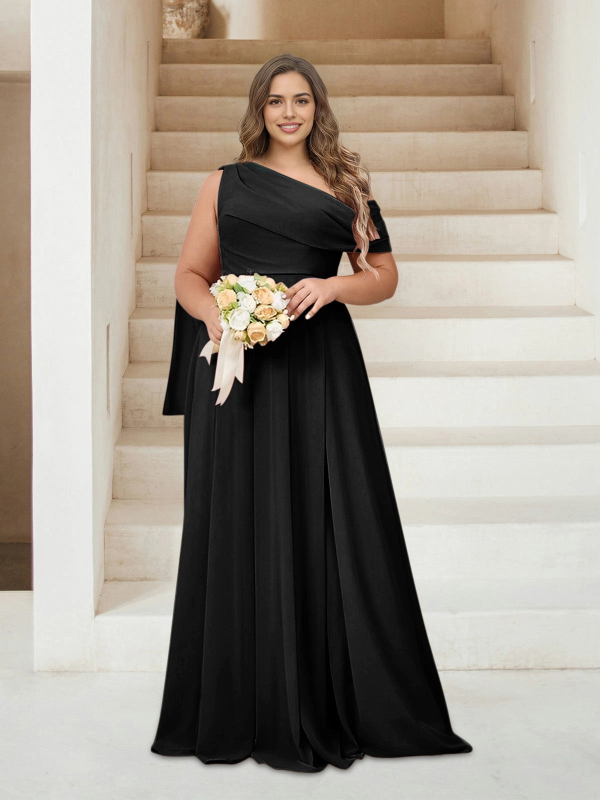 Roselledress Chic A-Line One Shoulder Draped Sleeve Zipper Back Floor Length Plus Size Mother Of The Bride Dress