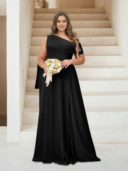 Roselledress Chic A-Line One Shoulder Draped Sleeve Zipper Back Floor Length Plus Size Mother Of The Bride Dress