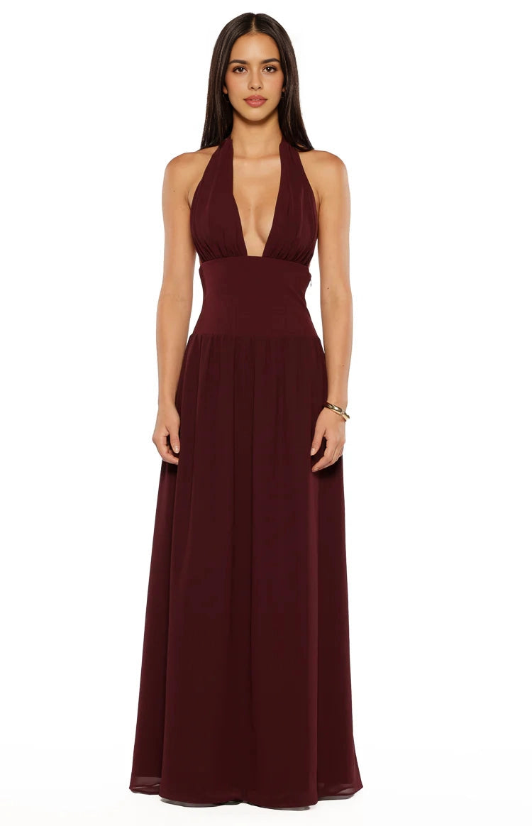 RoselleDress burgundy chiffon halter bridesmaid gown plunging v-neck a-line floor length formal dress