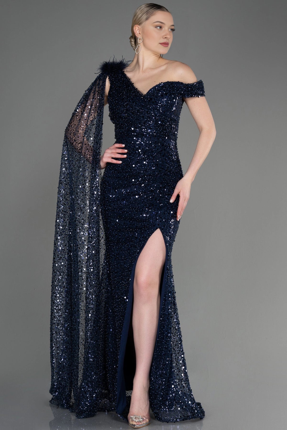 Glamorous Plus Size Mermaid Asymmetric Sequin Sleeve Zipper Back Long Evening Dress