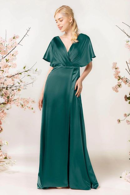 Plus Size Elegant Sheath V Neck Flutter Sleeve Open Back Long Bridesmaid Dress
