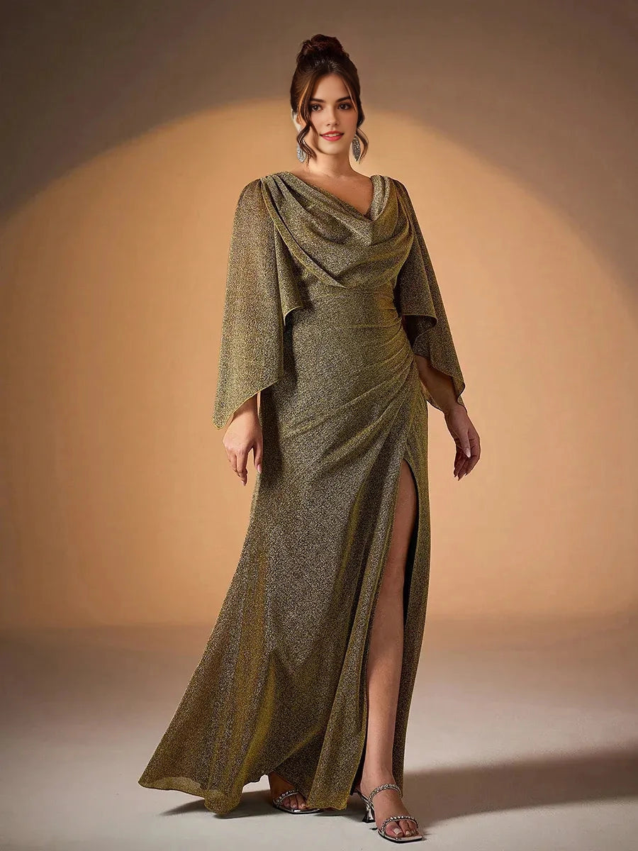 Glamorous Mermaid Cowl Neck Cape‑Sleeve V‑Back Floor‑Length Plus Size Mother Of The Bride Dress
