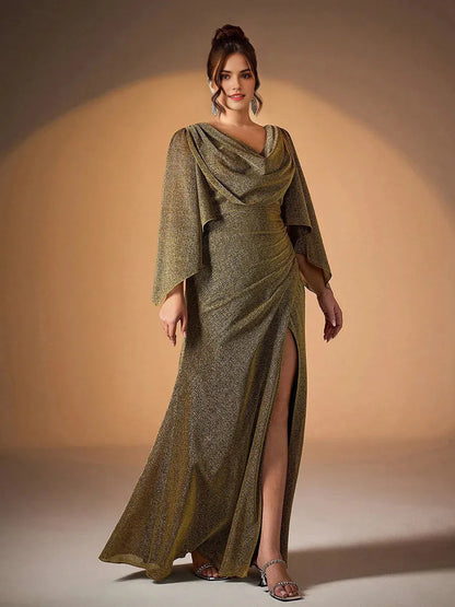 Glamorous Mermaid Cowl Neck Cape‑Sleeve V‑Back Floor‑Length Plus Size Mother Of The Bride Dress