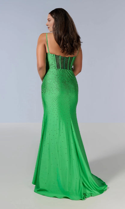 Plus size green stone evening dress with sheer corset back and fitted mermaid skirt
