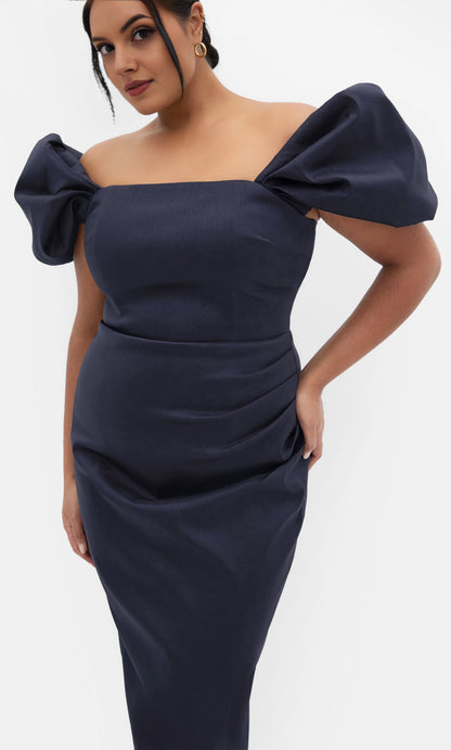 Plus‑Size Off‑The‑Shoulder Puff Sleeve Ruched Midi Sheath Wedding Guest Dress