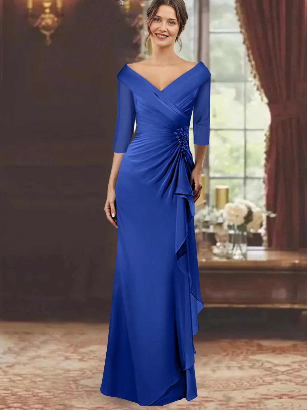Luxurious Mermaid Off-The-Shoulder Three-Quarter-Sleeve Closed-Back Floor-Length Mother of the Bride Dresses