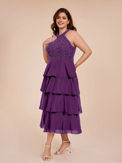 elegant a‑line halter sleeveless tie‑back midi plus size wedding guest dress