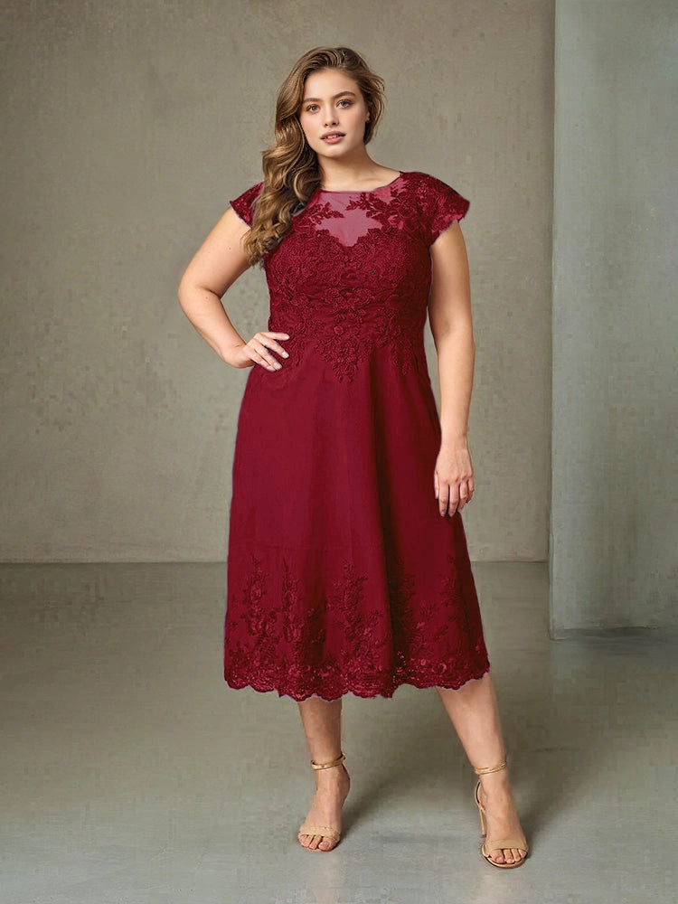 Charming A‑Line Illusion Neck Cap Sleeve V‑Back Midi Length Plus Size Mother Of The Bride Dress