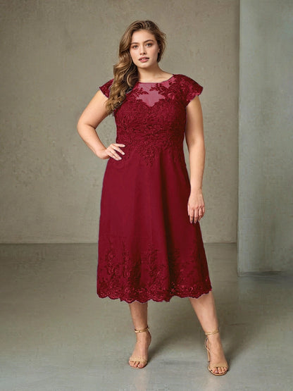 Charming A‑Line Illusion Neck Cap Sleeve V‑Back Midi Length Plus Size Mother Of The Bride Dress
