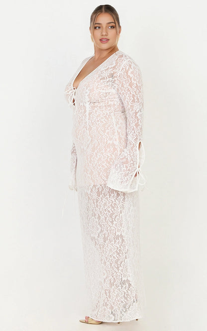 Roselledress floral lace plus size wedding guest maxi dress side view, tie cuff long sleeve elegant party dress