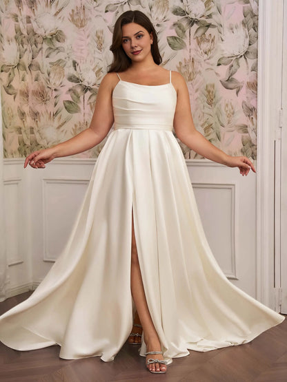 Minimalist A‑Line Square‑Neck Sleeveless Button‑Back Train Plus Size Wedding Dress