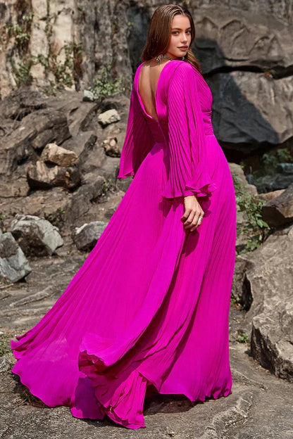 Stunning A‑Line V‑Neck Bell‑Sleeve Deep‑V‑Back Floor‑Length Plus Size Wedding Guest Dress
