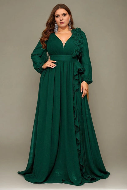 Plus Size Burgundy A Line V Neck Long Sleeve V‑Zip Back Long Prom Dress