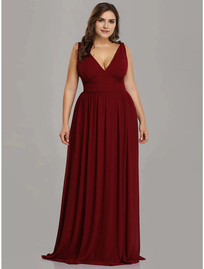 Elegant A‑Line V‑Neck Sleeveless Ruched‑Back Floor‑Length Plus Size Bridesmaid Dress