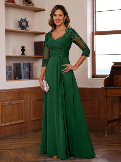 Elegant A-Line Sweetheart Neck Three-Quarter-Sleeve V-Back Floor-Length Mother of the Bride Dresses