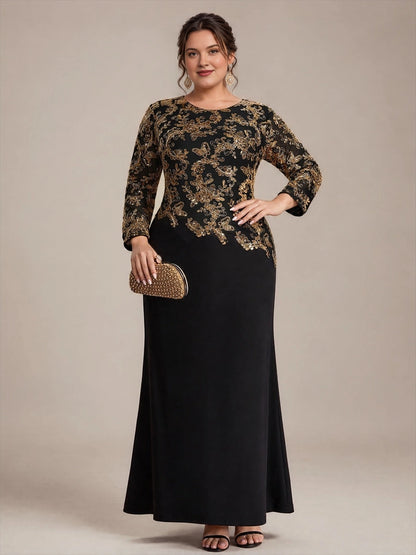 Plus Size Sequin Lace Long Sleeve Round Neck Long Mother of Bride Dress