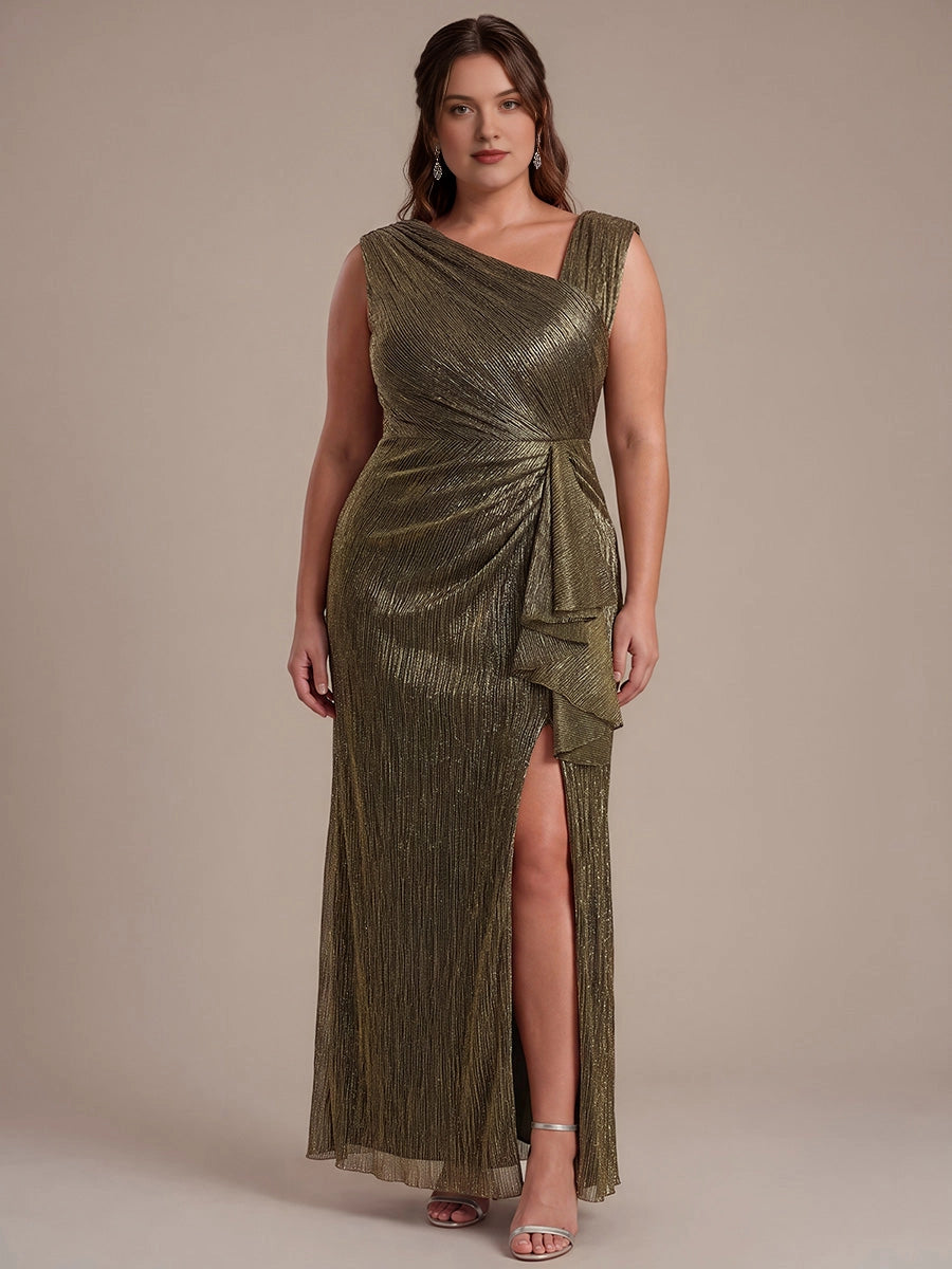 Roselledress Asymmetric One‑Shoulder Ruched Waist Slit Maxi Plus Size Wedding Guest Dress