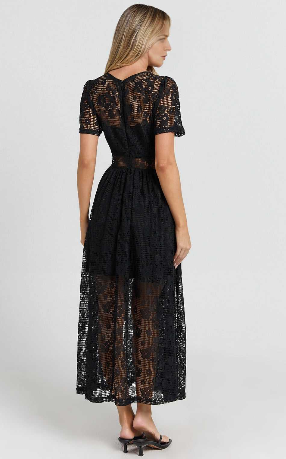 Roselledress back zipper lace midi plus size dress back view, sheer mesh panel A-line casual formal dress
