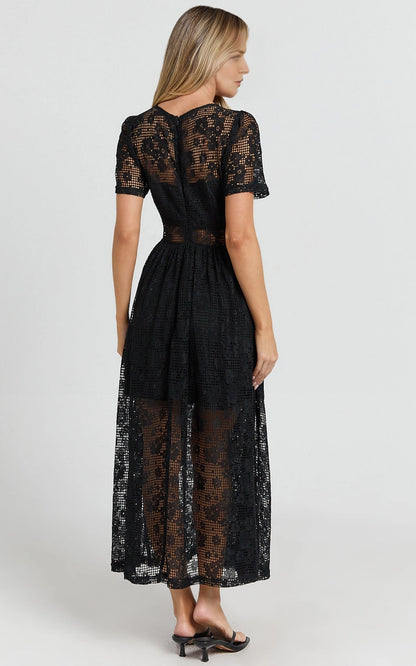 Roselledress back zipper lace midi plus size dress back view, sheer mesh panel A-line casual formal dress