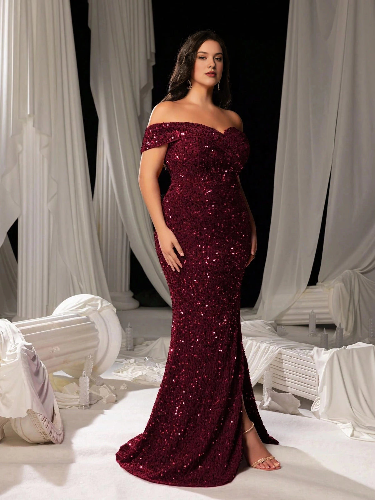 Glamorous Mermaid Sweetheart Off Shoulder Short Sleeve Zipper Back Sequin Prom Dress