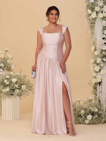 Stunning Champagne A‑Line Convertible‑Neck Ruched Zip‑Back High‑Slit Floor‑Length Bridesmaid Dress