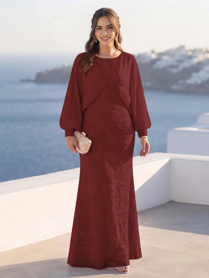 RoselleDress Dusty Blue Mermaid Round Neck Balloon Sleeve Keyhole Back Floor Length Plus Size Mother Of The Bride Dress