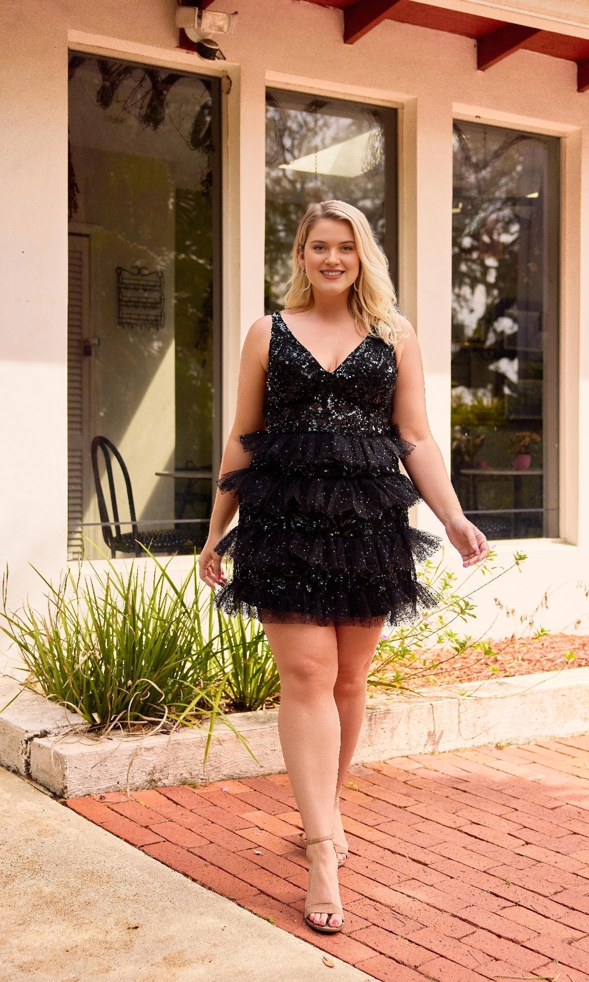Sparkly Plus Size A-Line V-Neck Tiered Short Sequin Homecoming Dress