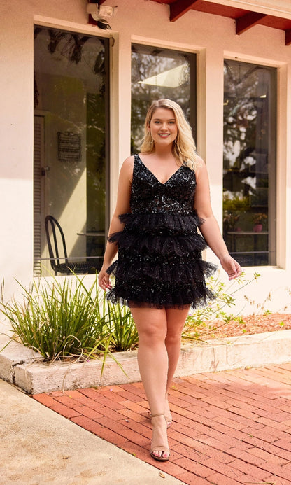 Sparkly Plus Size A-Line V-Neck Tiered Short Sequin Homecoming Dress