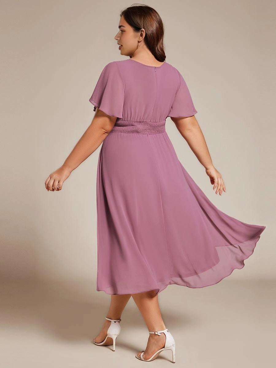 Roselledress Burgundy Round Neck Flutter Sleeve Zip Back High-Low Midi Plus Size Weeding Guest Dress
