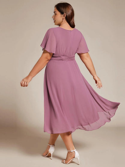 Roselledress Burgundy Round Neck Flutter Sleeve Zip Back High-Low Midi Plus Size Weeding Guest Dress