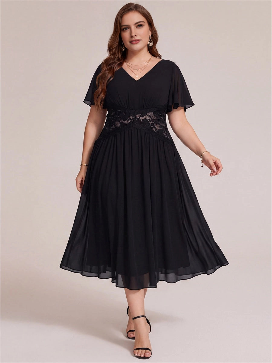 Dark Brown Chiffon Lace Flutter Sleeve Midi Plus Size Mother of the Bride Dress
