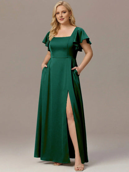 A-Line Square Neck Flutter Sleeve Tie Back Slit Floor Length Plus Size Satin Bridesmaid Dress