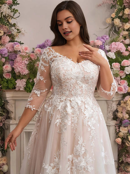 Romantic A‑Line V‑Neck 3/4‑Sleeve V‑Zip‑Back Court‑Train Plus Size Wedding Dress